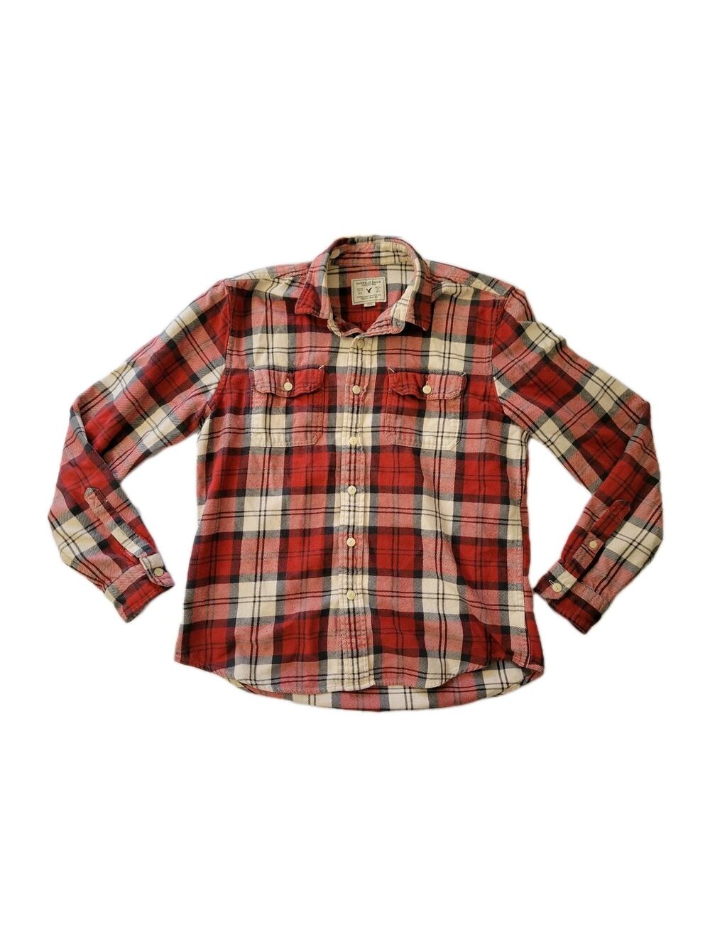 American Eagle Mens M Red Farmcore Western Casual Plaid Flannel Button Down